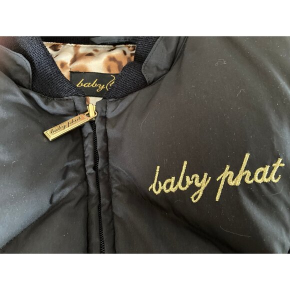 Baby Phat Jackets & Blazers - Baby Phat Y2K Puffer Vest, Small, Black, Gold Embroidered, Cheetah Lining